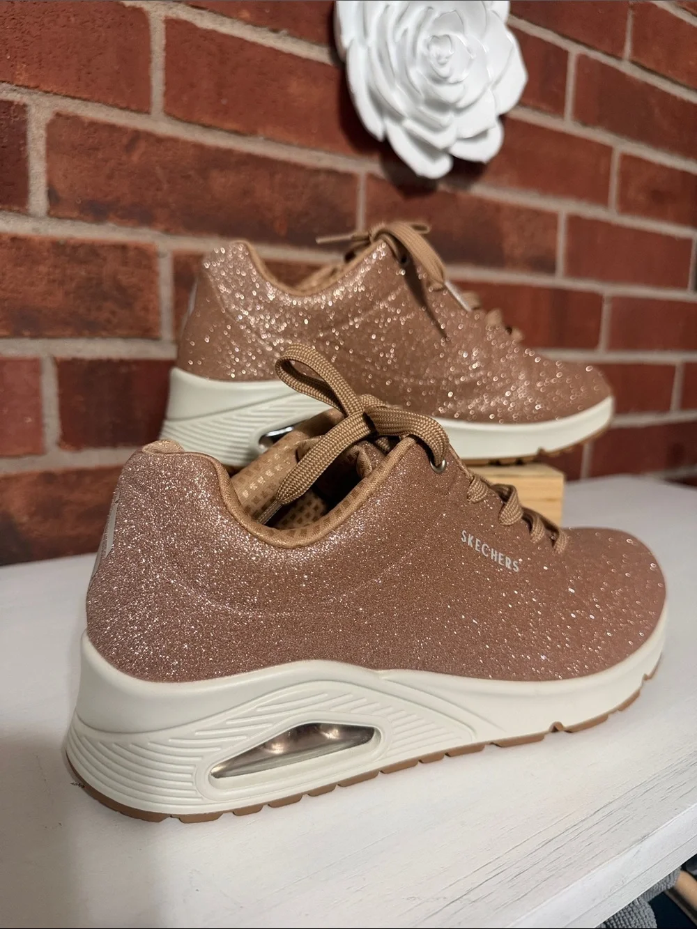 Skechers Women's Rose Gold Glitter Platform Athletic Sneakers